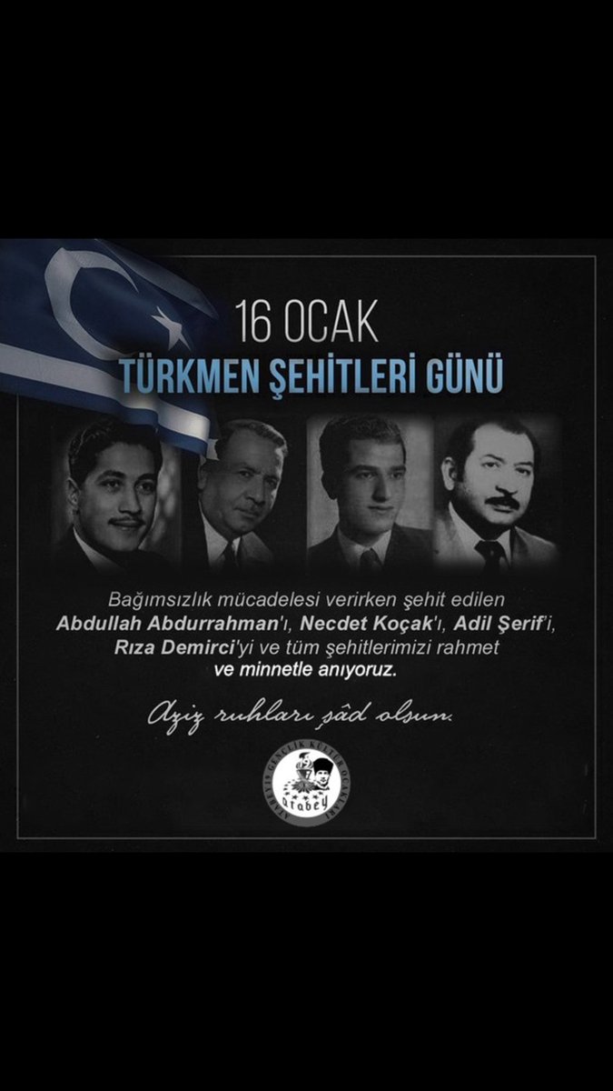16 Ocak Türkmen Şehitleri Anma Gününde Albay Abdullah Abdurrahman,Doç. Dr. Necdet Koçak, Adil Şerif ve Dr. Rıza Demirci başta olmak üzere, bütün Türkmeneli şehitlerini rahmet ve minnetle anıyoruz.

  #16Ocak #TürkmenŞehitleri