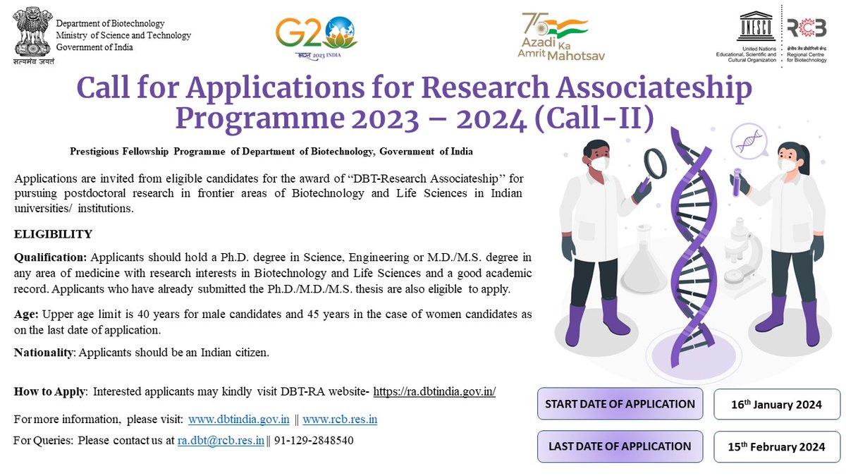 unescorcb's tweet image. Call for applications under @DBTIndia Research Associateship Program (Call -II) are open for pursuing post-doctoral research in Biotechnology and Life Science at any university/ institutions across #India. For more information, please visit: rcb.res.in/DBTRA/

#IISF2023