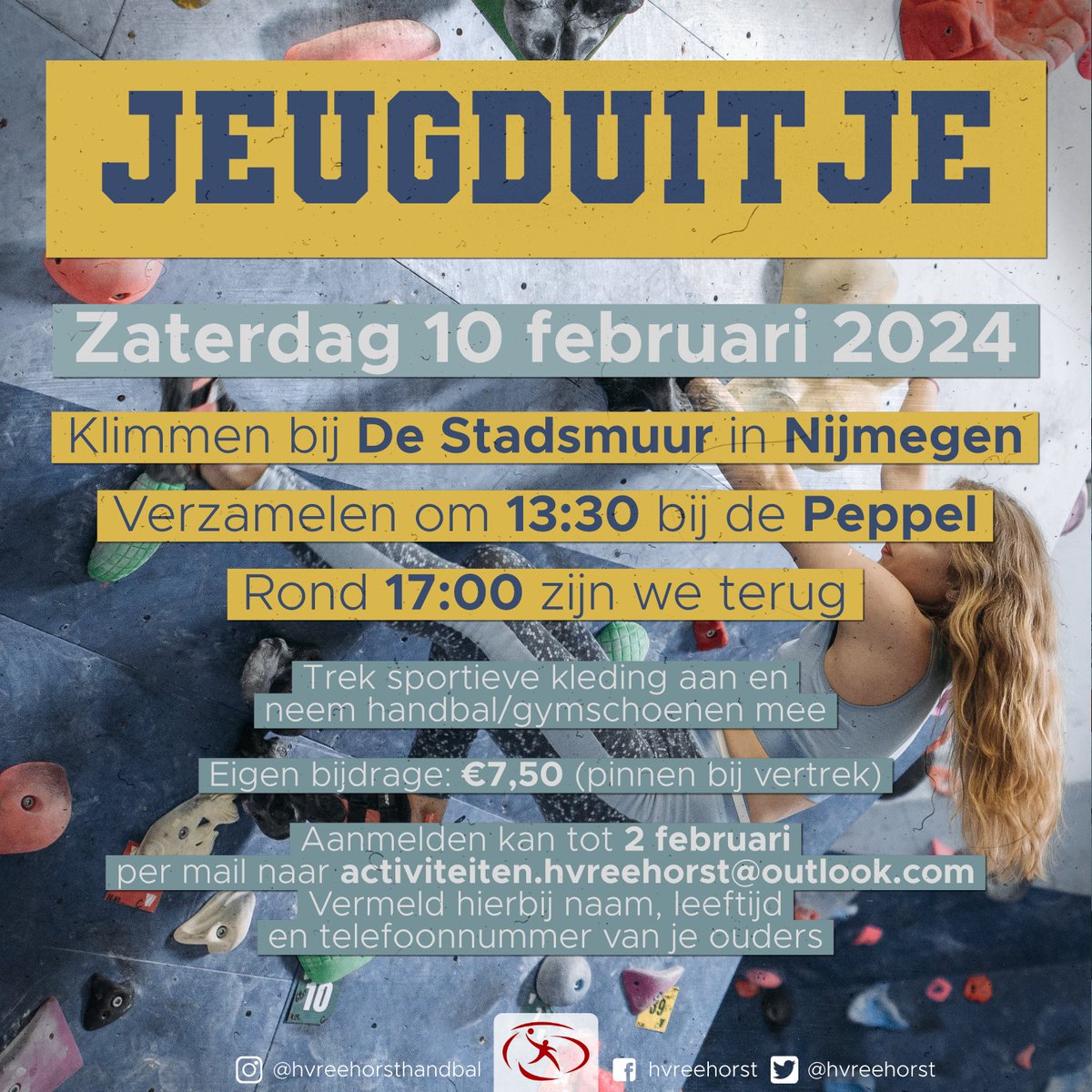 • JEUGDUITJE •

We gaan weer met de jeugd op pad!
Zaterdagmiddag 10 februari kan er worden geklommen in Nijmegen, vertrek van de Peppel.
Wel even aanmelden!

#jeugduitje #klimmen