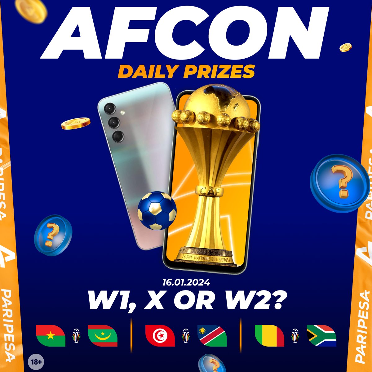 paripesa's tweet photo. 🌟 AFCON daily prizes from Paripesa! 
Chance to win Samsung A24!

📱W1, X or W2?
🇧🇫🇲🇷
🇹🇳🇳🇦
🇲🇱🇿🇦

👇 Rules:
✅ FOLLOW, Like &amp; retweet this post
✅ Write Paripesa ID
👉https://t.co/6Rv5Fy9izH
⚽️ PREDICT RESULT
⚠️ Example: ID 12345678. W1, W2, W2

#AFCON2023 #TotalEnergiesAFCON2023 https://t.co/GFryL2cJ06