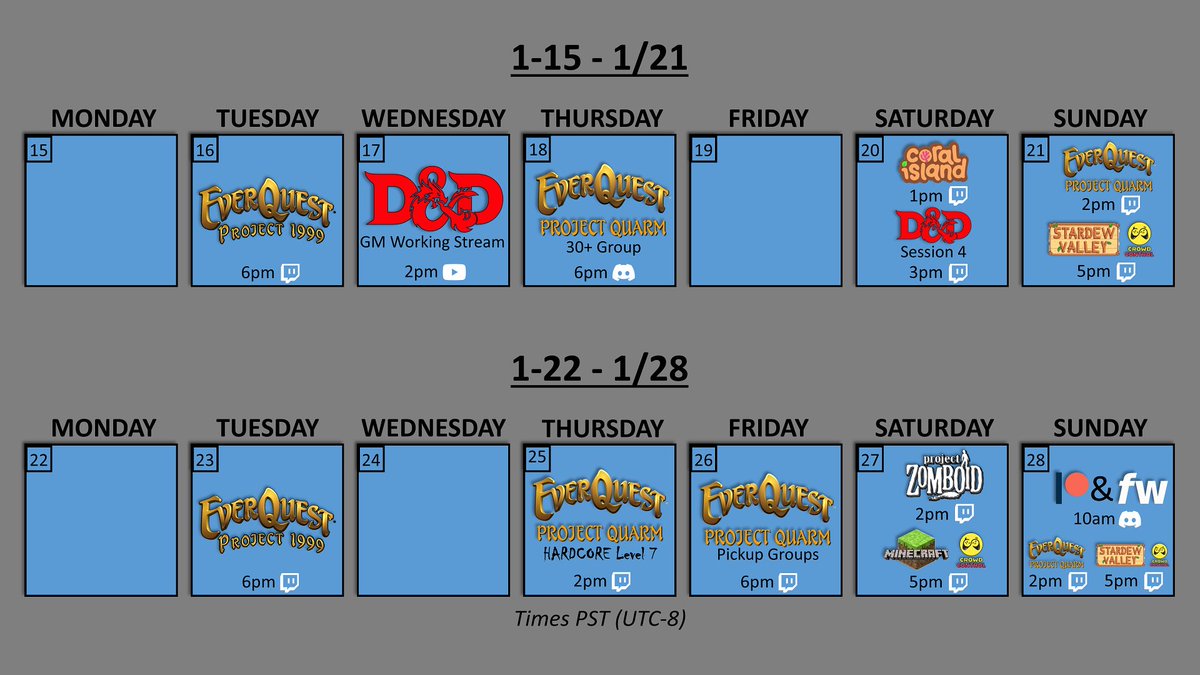 HTBM_tv's tweet photo. Schedule 1/15 - 1/28
#Twitch #Streamer #TwitchStreamer #YouTube #YouTubeStreamer #EverQuest #ProjectQuarm #Project1999 #StardewValley #CrowdControl #TwitchIntegration #DungeonsAndDragons #DND #TabletopRPG #ProjectZomboid #Minecraft #CoralIsland https://t.co/Y1Iaa3xMJk