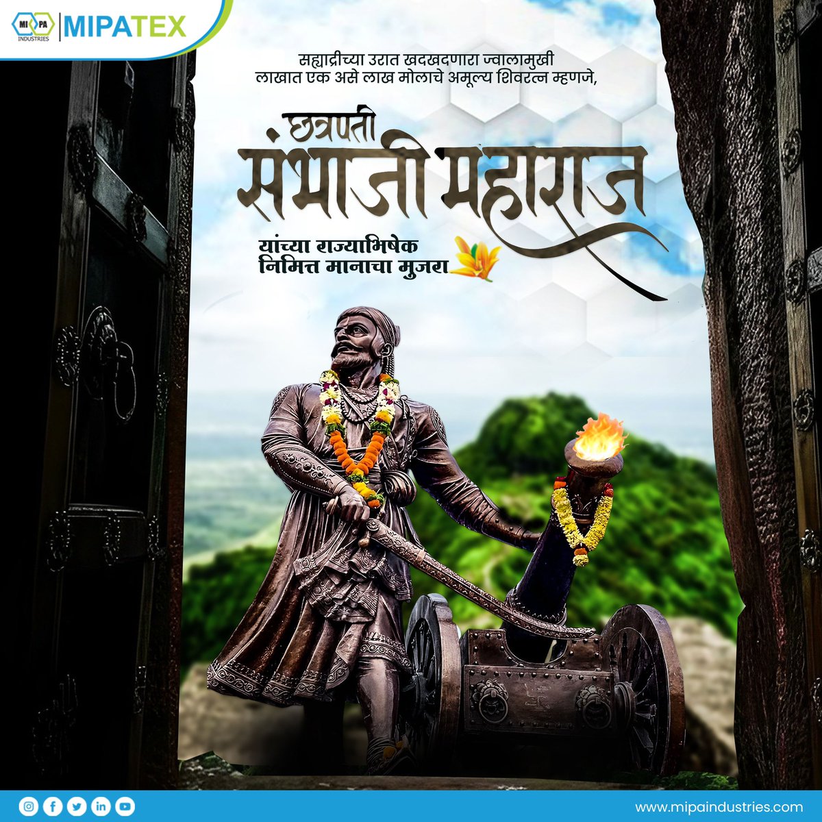 Mipatex_'s tweet photo. छत्रपती संभाजी महाराज यांच्या शिवराज्याभिषेक दिनानिमित्त मानाचा मुजरा…🚩🌺🌸🙏
#chatrapatisambhajimaharaj🚩 #rajyaabhisheksohala🚩 #shivputra_sambhajiraje #mipatex #mipaindustries https://t.co/LFMQAsnV7B