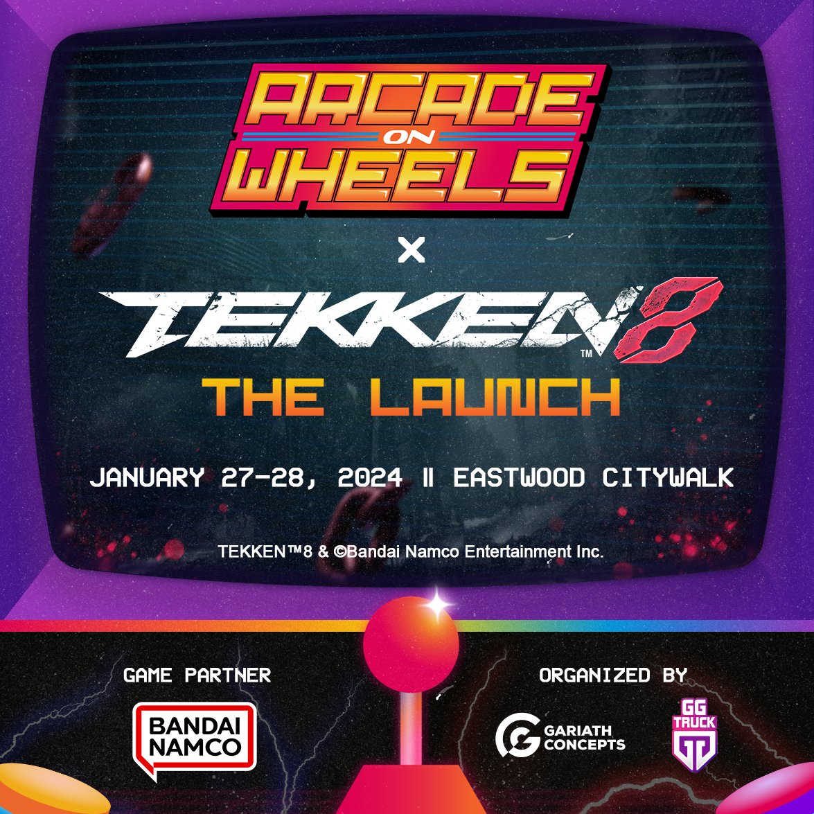 aowgg's tweet photo. FIST MEETS FATE! 👊💥 

The new era of fighting games has arrived! #TEKKEN8 is coming to Arcade on Wheels! 🔥  

Experience the game together with your fellow fighters on January 27-28 at Eastwood Citywalk, Quezon City. 🎮  

ADMISSION IS FREE! See you there! https://t.co/IYMLbZxLwp