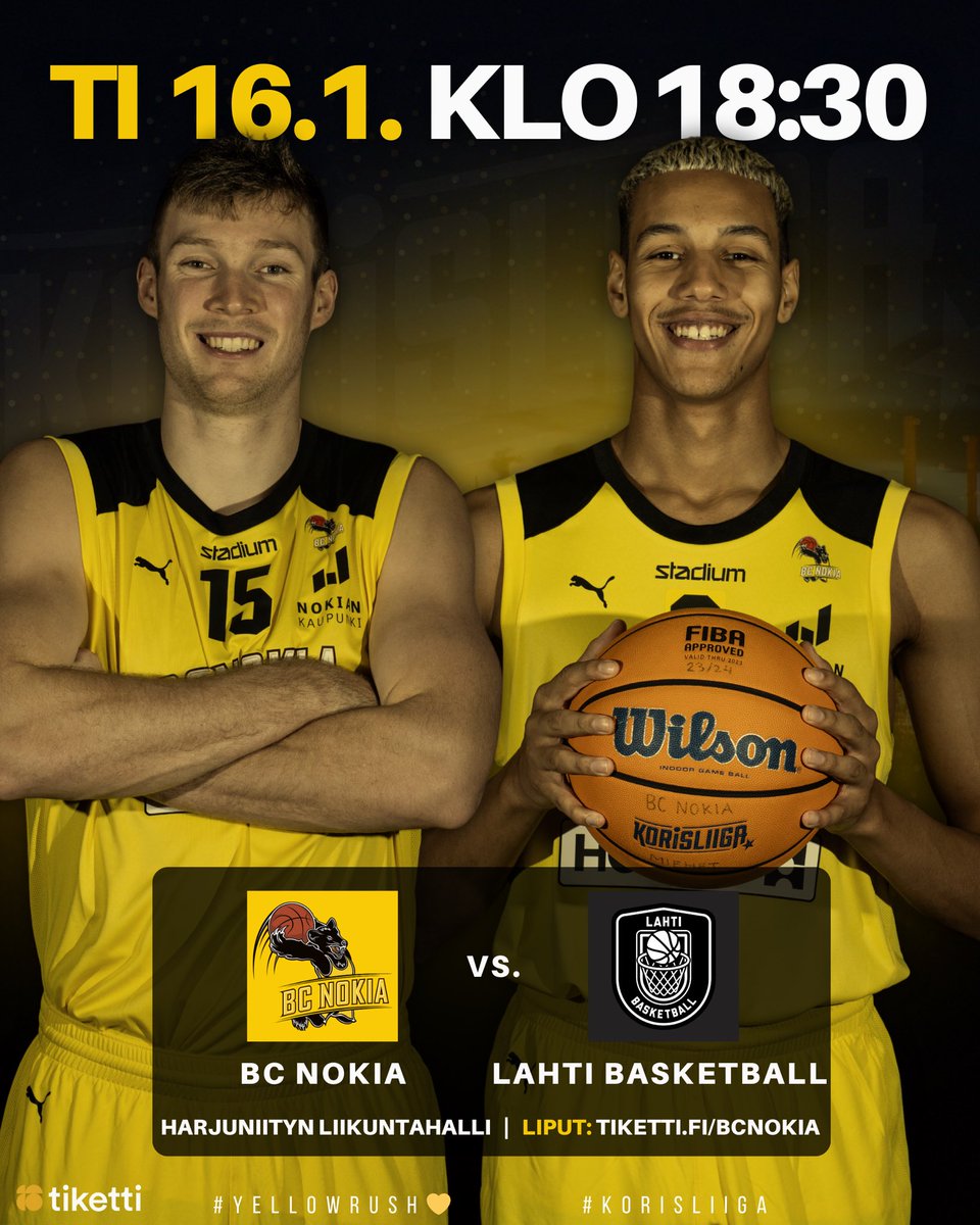 BCNokia's tweet photo. 𝐏𝐞𝐥𝐢𝐩𝐚̈𝐢𝐯𝐚̈ | 𝐆𝐚𝐦𝐞𝐝𝐚𝐲 🔥
BC Nokia palaa kotiyleisön eteen tänä iltana! Vastassa Lahti Basketball.
⚔️ : BC Nokia vs. Lahti Basketball
📆 : Ti 16.1. klo 18:30
🏟️ : Harjuniityn liikuntahalli
🎟️ : https://t.co/5Sj2TMtpMw
#YellowRush💛 #Korisliiga #VisitNokia https://t.co/reoI7uVEXj