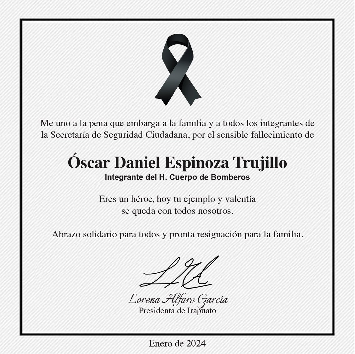 Con profunda tristeza les informo que lamentablemente falleció Óscar Daniel Espinoza, honorable y valiente integrante de nuestro Cuerpo de Bomberos, quien se encontraba hospitalizado debido a que hace unas semanas resultó lesionado en el heróico cumplimiento de su deber. 1/2