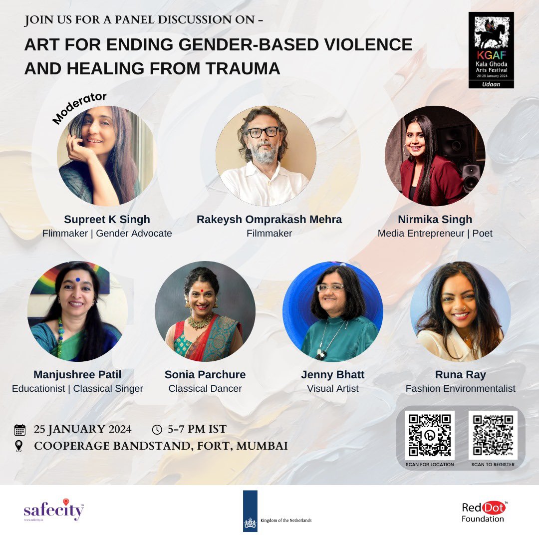 Join us on 25th January at 5 pm at Cooperage Bandstand, Fort as we talk about Art, ending GBV and healing from trauma. We will close with a live musical performance by <a href="/aatmanjushree/">MANJUSHREE PATIL</a> and myself. 
<a href="/NLinIndia/">NL Embassy for India, Nepal and Bhutan🇧🇹🇮🇳🇳🇵</a> <a href="/TheSafecityApp/">Red Dot Foundation - Safecity</a>
