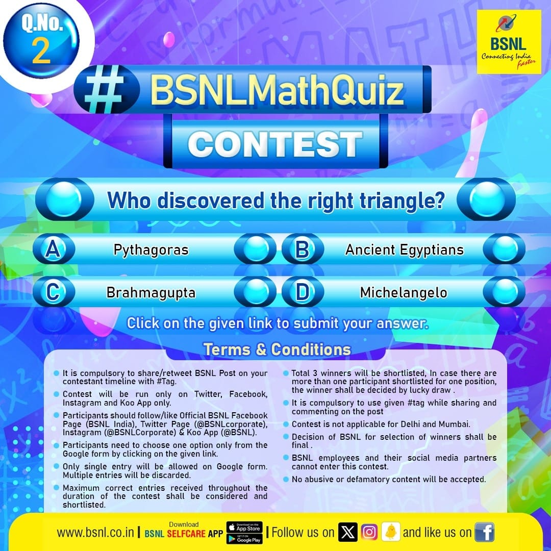 Today's question for the #BSNLMathQuiz. Who discovered the right triangle? Submit your response before 11:59 PM (16 Jan 24). Click on the link to answer: shorturl.at/euwyZ #ContestAlert #BSNL #BSNLContest #MathChallenge