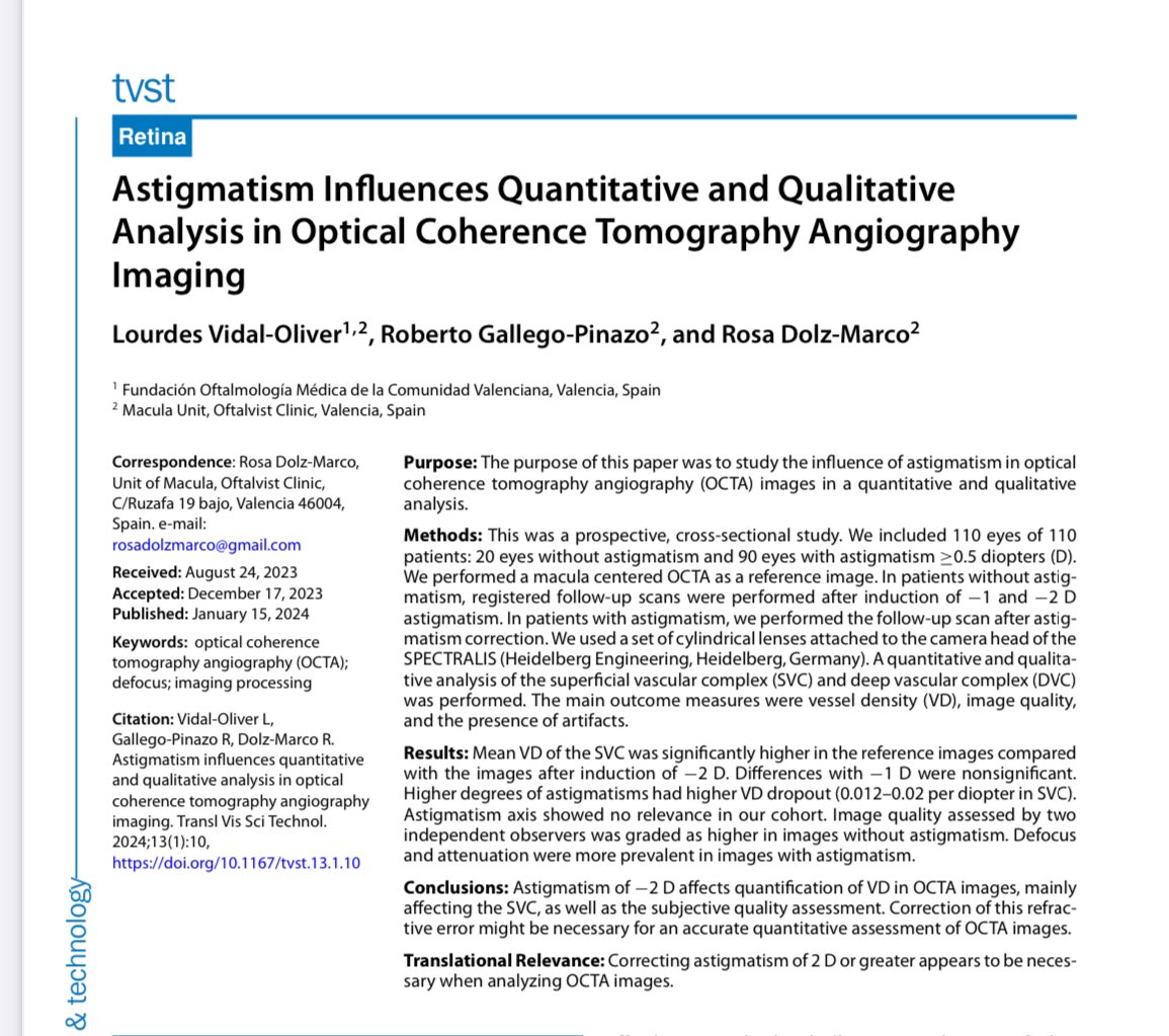 VrmValencia's tweet photo. ✅ NUEVA PUBLICACIÓN 

“Astigmatism Influences Quantitative and Qualitative Analysis in Optical Coherence Tomography Angiography Imaging”
Trans Vis Sci Technol 2024 Jan 2;13(1):10.
doi: 10.1167/tvst.13.1.10. https://t.co/S9zO7j1ovU