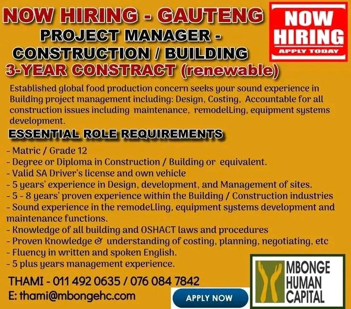 URGENT VACANCY - GAUTENG

2 X POSITIONS AVAILABLE (1 X JHB / 1 X PRETORIA)

PROJECT MANAGER CONSTRUCTION / BUILDING

**#projectmanager** **#building** **#buildingindustry** **#buildingconstruction** **#constructionjobs** **#projects** **#projectmanagement** **#projectmanagerjobs*