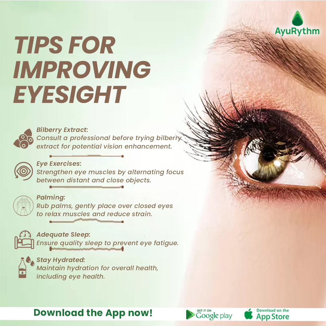 Nourish your vision naturally with nutrient-rich foods and simple eye exercises for a brighter, healthier outlook. 📲 Install the App Now❗️ Android: bit.ly/3T6iW0a IOS: apple.co/42dStl . . . #AyuRythm #HealthyLiving #WellnessJourney #EyeCareEssentials