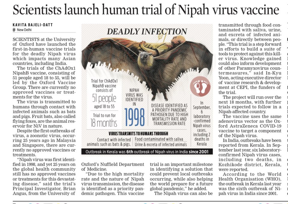 KavitaDatt's tweet image. Human trial for #Nipah virus #vaccine launched by #Oxford scientists
@NewIndianXpress @TheMornStandard @MoHFW_INDIA @mansukhmandviya @OfficeOf_MM @ICMRDELHI