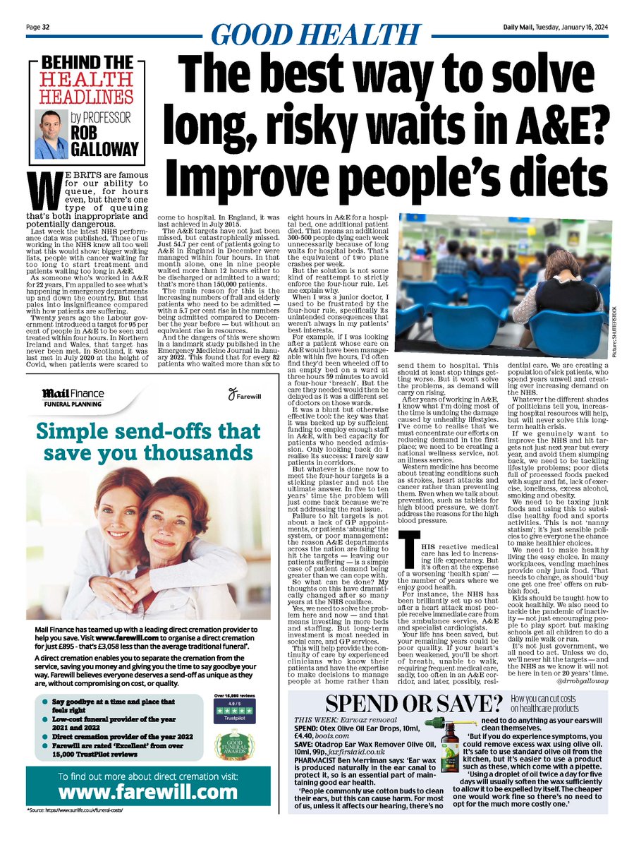 DrRobgalloway's tweet photo. All over the country, A&Es are in crisis and hundreds of patients are dying needlessly each week because of delays in emergency care. Can a change in diet really be the solution? Is this a serious suggestion?

It’s not just about how we manage health systems and having sufficient resources. Long term its about lifestyle changes such as changes to diet.

If we don’t tackle this - then the demands for NHS care will continue to rise exponentially and the NHS will no longer be there, as we know it, for the next generation.

In this week’s mail health section column – I explain my thinking; its time to change the focus of the NHS from a national illness service to a national wellness service.