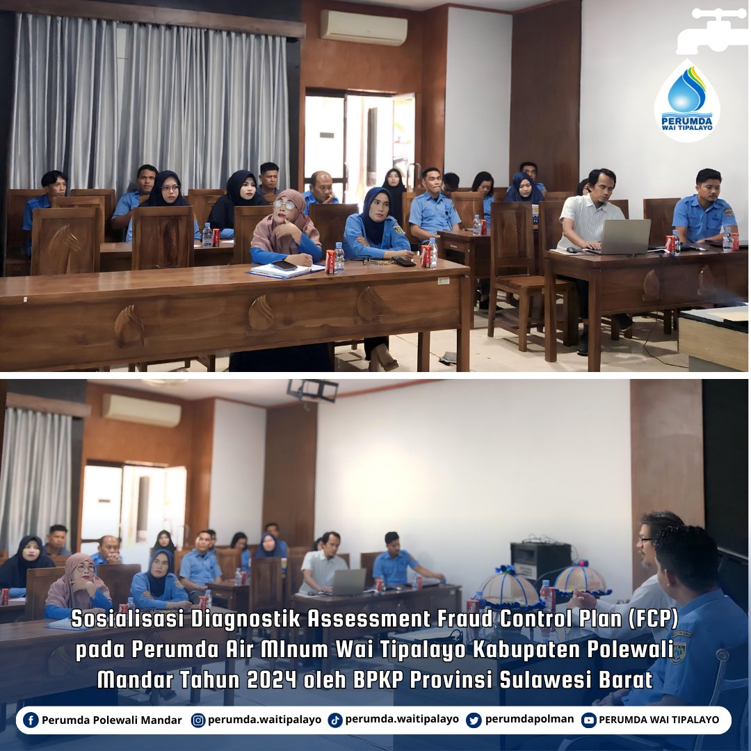 perumdapolman's tweet photo. Sosialisasi Diagnostik Assessment Fraud Control Plan (FCP) pada Perumda Air MInum Wai Tipalayo Kabupaten Polewali Mandar Tahun 2024 oleh BPKP Provinsi Sulawesi Barat #perumdawaitipalayo #perumdapolman #perumdapolewalimandar https://t.co/93pKSfYb1M