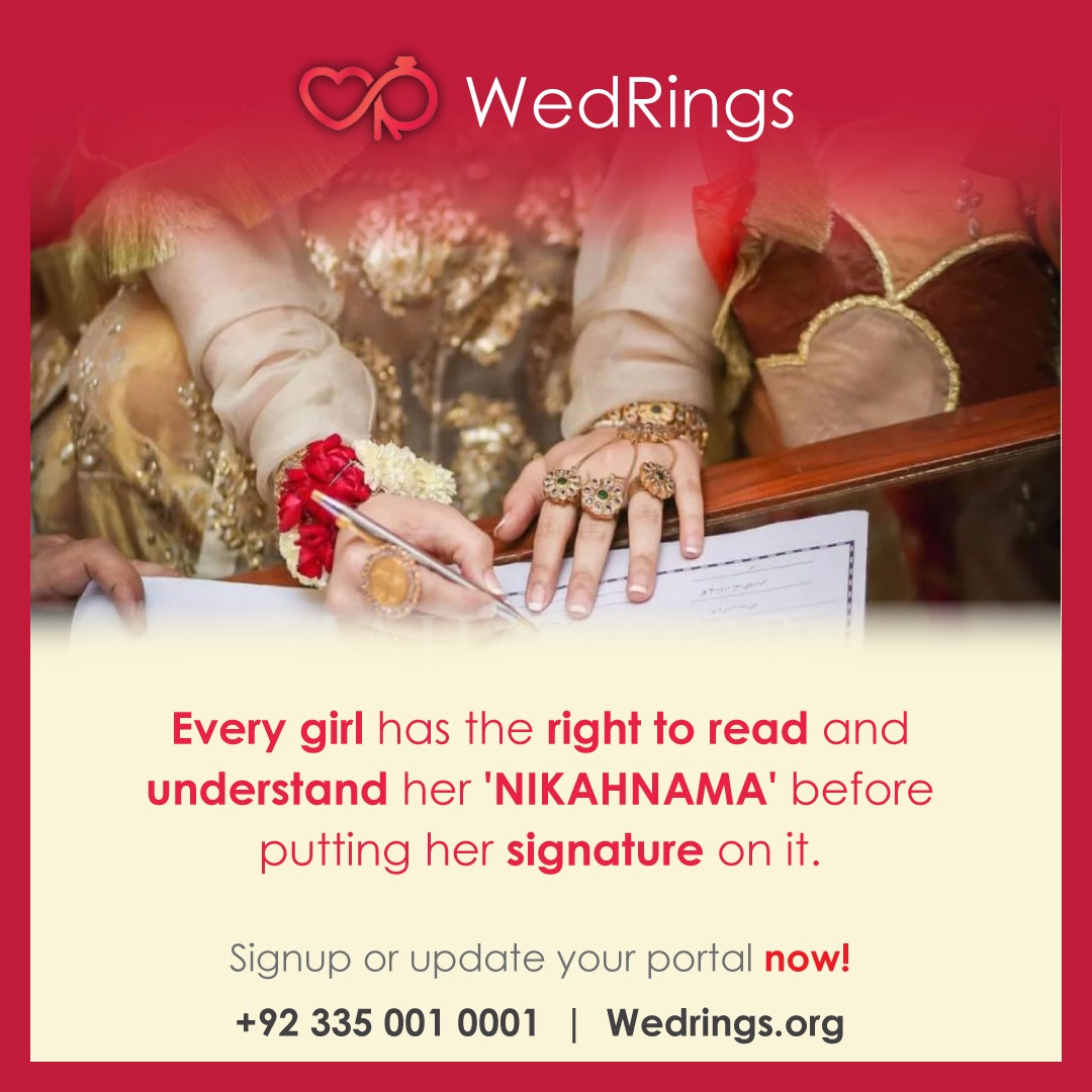 wedringsorg's tweet photo. If a girl doesn't read her marriage contract (Nikahnama) before signing it, she might miss out on understanding her rights.

The Nikahnama explains things about the marriage, like money and what happens if they split. It's crucial for her to know these things to protect herself. https://t.co/YSSzM761C9