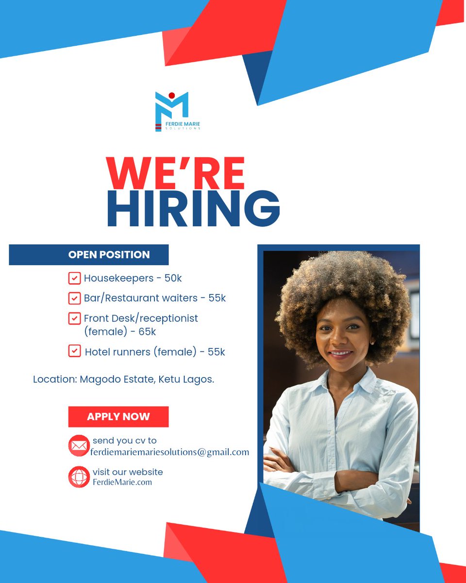 FerdieMarieS's tweet image. See details on flier!

Reach out to us via DM or send a mail to ferdiemariesolutions@gmail.com / 08089796979

#jobvacancies #talentsource #ferdiemariesolutions