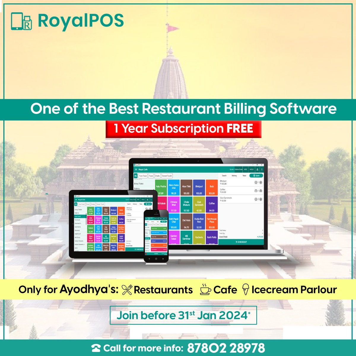 MayuriUR's tweet photo. Elevate your Ayodhya cafe/restaurant with RoyalPOS! 🏰✨
In the spirit of celebrating the historic consecration of the Ram Mandir, we bring you an offer that's as grand as the occasion itself! 🕊️✨ #SuratStartup #NationalStartupDay 
@narendramodi @PMOIndia @sanghaviharsh https://t.co/pbKEGxDnGZ