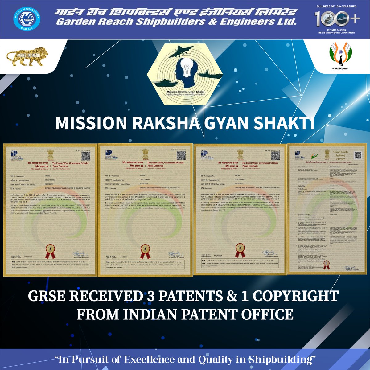 OfficialGRSE's tweet photo. #GRSE recd. grant of 3 patents from #IndianPatentOffice: Profile/Flange building fixture capable of bending capsule shape coaming in single piece, Motorized Bilge Cleaning Method &amp; Kit thereof, Helicopter Connecting Gear of ALH for RHTS  &amp; 1 Copyright: AI Enabled NDT System
#MRGS https://t.co/4fAhUI78hd