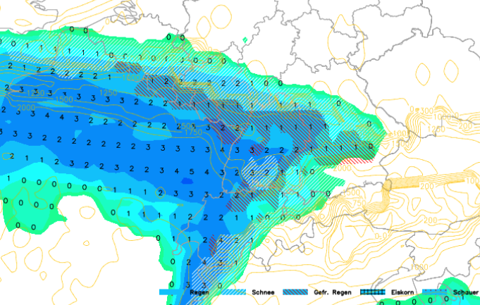 AAACHTUNG! In der zweiten Nachthälfte auf Mittwoch und am Mittwoch Morgen bestehet am Hochrein (Basel-Kaiserstuhl), Zürich-Winterthur-Frauenfeld nordwärts (Zürcher Unterland, Rhein, Schaffhausen, Weinland, Thurtal, Untersee) die grosse Wahrscheinlichkeit für vereisenden Regen.