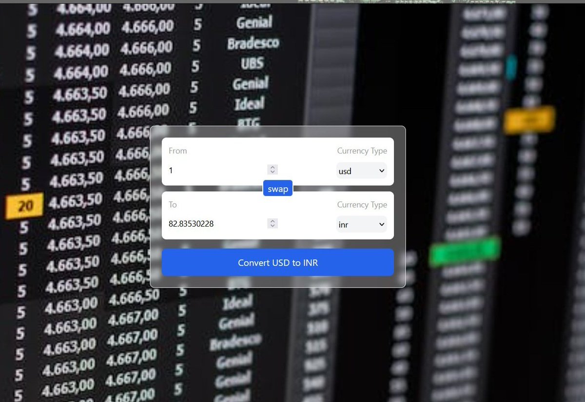 ShivGrover9's tweet photo. Made a currency converter website using react js library in this I learned about custom hooks useId hook and how to create different components with the help of chai aur code youtube channel
https://t.co/Ve6F68I1dX
#reactjs #javascript #learninginpublic https://t.co/63DEnIUp7C