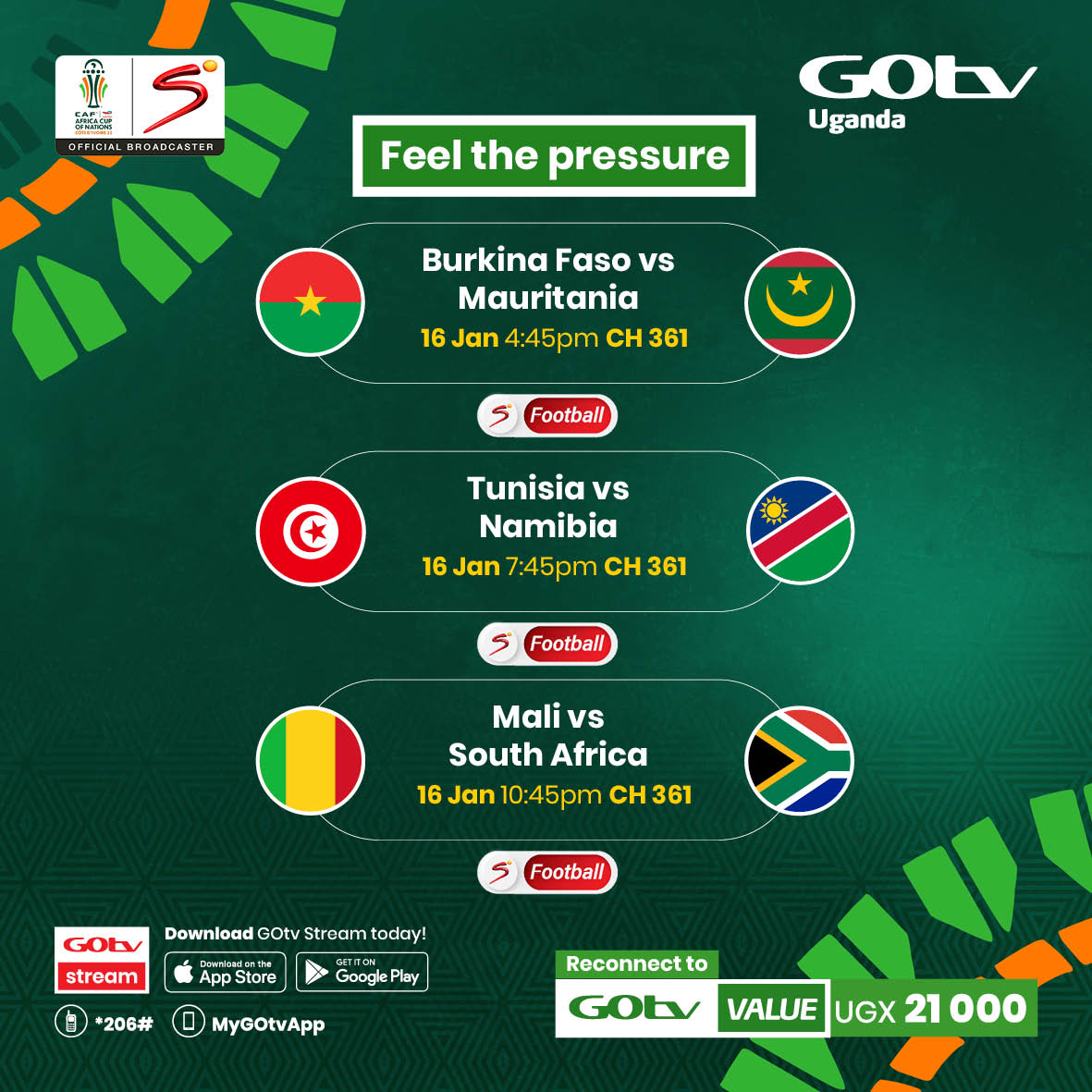 GOtvUganda's tweet photo. Who's about to give us the next dramatic upset 😲!?

Stay connected to GOtv Value at 21K and download the GOtv Stream App: https://t.co/MDMYE4CUKB to enjoy all the action LIVE and on the GO. 

#GOtvStream 
#GOtvFootballMadness 
#AFCON2023 https://t.co/J3ySPkE5Wd