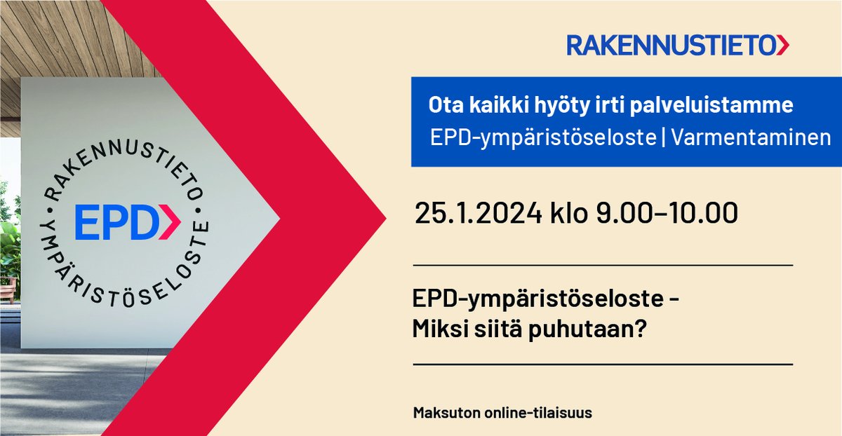 EPD-ympäristöseloste - Miksi siitä puhutaan? 

EPD on ympäristöseloste, joka perustuu tuotteen elinkaariarviointiin. Siinä otetaan huomioon vaikutukset raaka-aineiden alkulähteiltä aina tuotteen elinkaaren loppuun saakka. 

Lue lisää ja ilmoittaudu rakennustieto.fi/tapahtumat/epd…