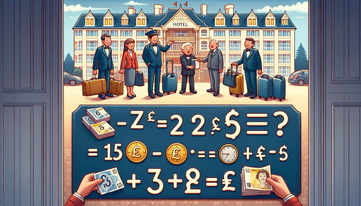 newbattlemaths's tweet photo. 🧩 Maths Mystery! Three people pay £10 each for a £30 hotel room. The room should’ve been £25, so the bellboy returns £1 to each and keeps £2. Each guest paid £9 (£27 total) and the bellboy has £2. That’s £29… Where’s the missing pound? #MathPuzzle #BrainTeaser https://t.co/owuA9TDw8m