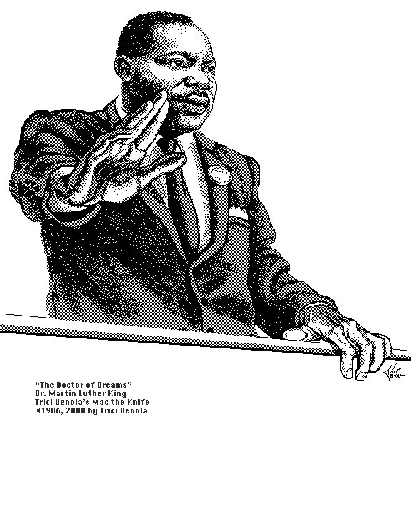 TriciVenola's tweet photo. When Martin Luther King Day fell during a giant Macintosh convention, every screen showed this image. There were hardly any images created online of black people in those early days, let alone MLK. But love will find a way. #macart #digital #pixelart #bitmap #1980s #portrait https://t.co/96Dts0FDth