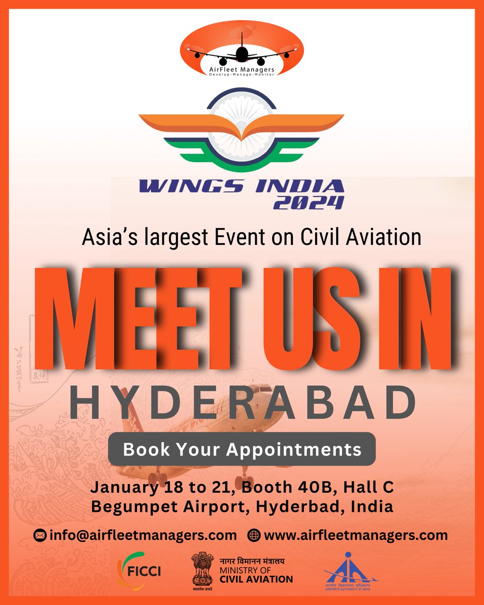 Airfleet's tweet photo. Join AirFleet Managers, Asia's premier aviation asset management company, as we soar into the future of civil aviation at Wings India 2024, the continent's largest aviation event! 
Jan 18-21Hyderabad, India
Discover innovative solutions for aircraft leasing, and asset management. https://t.co/5kW3dQLsZA