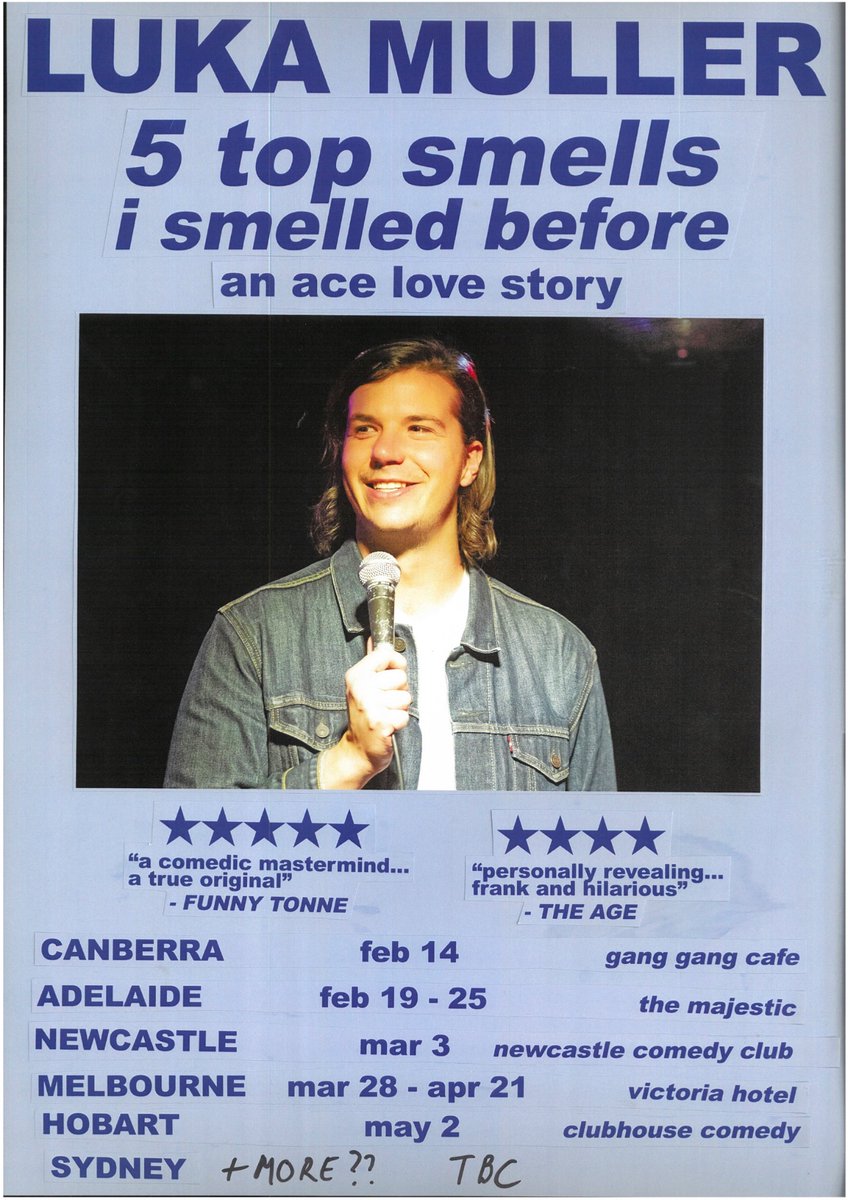 LukaCMuller's tweet photo. Let me say this: I’m performing comedy in many different places over the next few months. The show is about the 5 smells that changed my life and comes with a scratch and sniff card.

Tics for all shows at https://t.co/O1eBw4MJKO https://t.co/DGJK8L4pFG