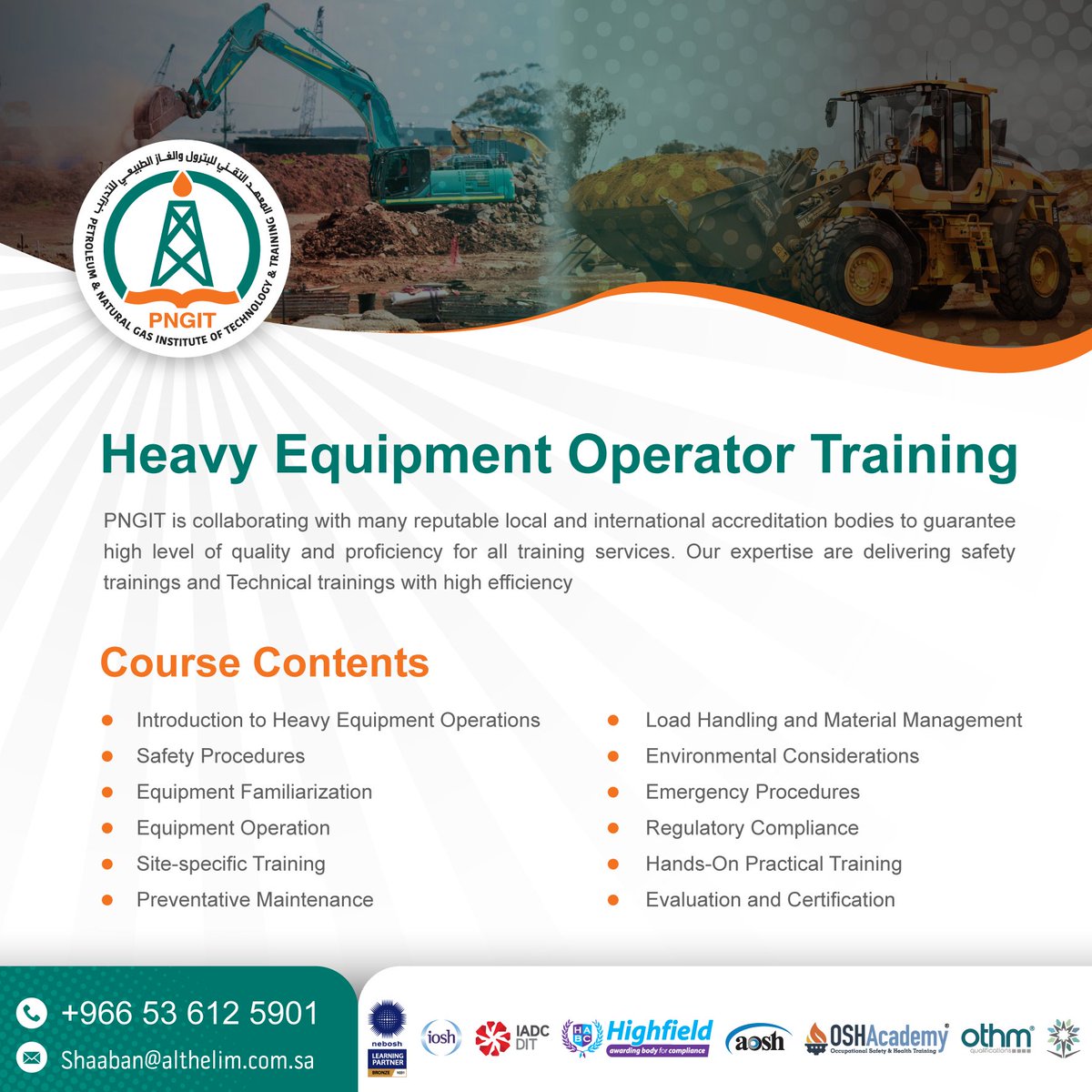 PngitSaudi's tweet photo. 🚧👷‍♂️ Explore Heavy Equipment Operator training with PNGIT! 🔥✨ Our collaboration with accredited bodies guarantees high-quality, safety-focused training. Gain the skills for success in a world of opportunities! 🌍👍 

#HeavyEquipmentOperator #Safety #SkillsTraining https://t.co/B2xkTB7wIC
