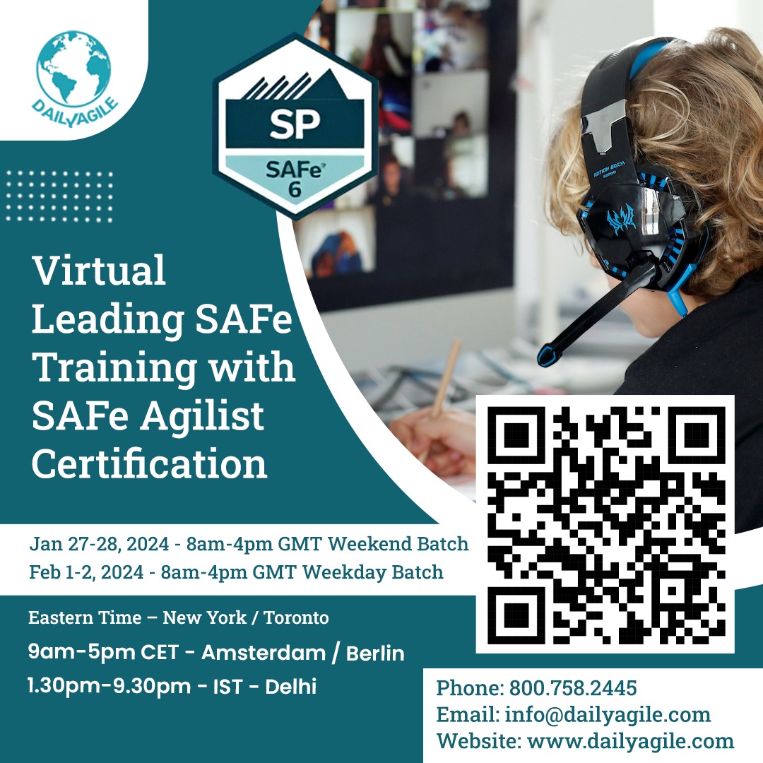 agilekiran's tweet photo. Elevate your skills with @agilekiran ! Join our Virtual Leading SAFe Training for SAFe Agilist Certification. 🏆 Unlock new opportunities in Agile leadership! 

🌐 https://t.co/4qr7oIDZw6

📧 info@dailyagile.com  📷

☎https://t.co/8fKhaOhRAV

#DailyAgile #SAFe #AgileLeadership https://t.co/WDPpvM999k