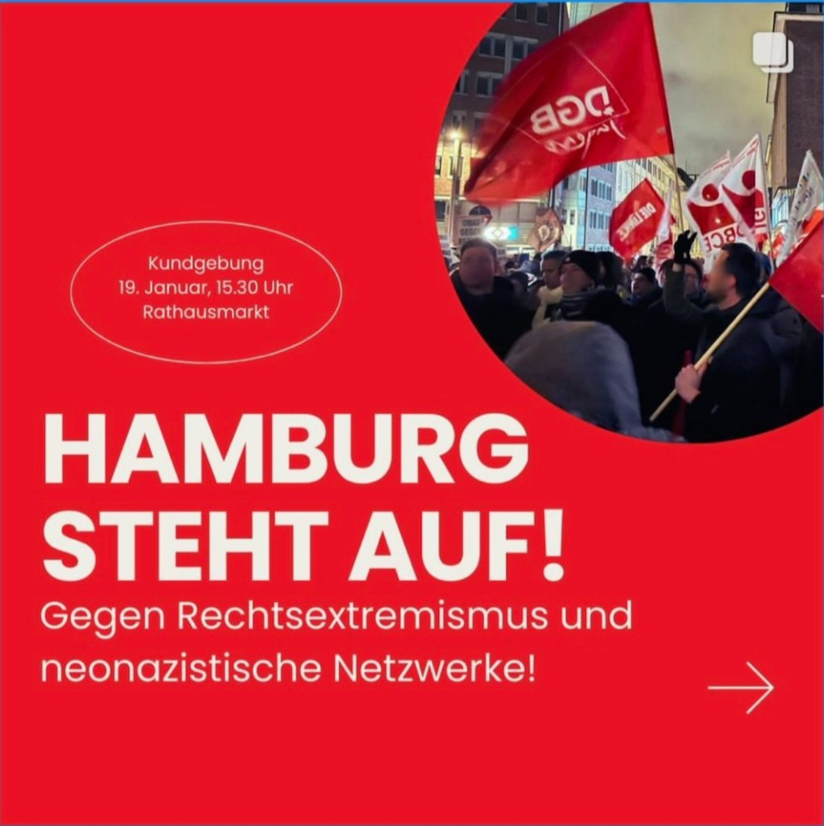 Hamburger Bündnis gegen Rechts (@h_b_g_r_info) on Twitter photo Aus dem sehr breit getragenem Aufruf, dem wir uns als HBgR angeschlossen haben: "Wer Menschen allein aufgrund ihrer politischen, ethnischen, kulturellen oder religiösen Prägung aus Deutschland vertreiben will, muss mit unserem entschlossenen Widerstand
rechnen!" Kommt alle! Aus dem sehr breit getragenem Aufruf, dem wir uns als HBgR angeschlossen haben: "Wer Menschen allein aufgrund ihrer politischen, ethnischen, kulturellen oder religiösen Prägung aus Deutschland vertreiben will, muss mit unserem entschlossenen Widerstand
rechnen!" Kommt alle!