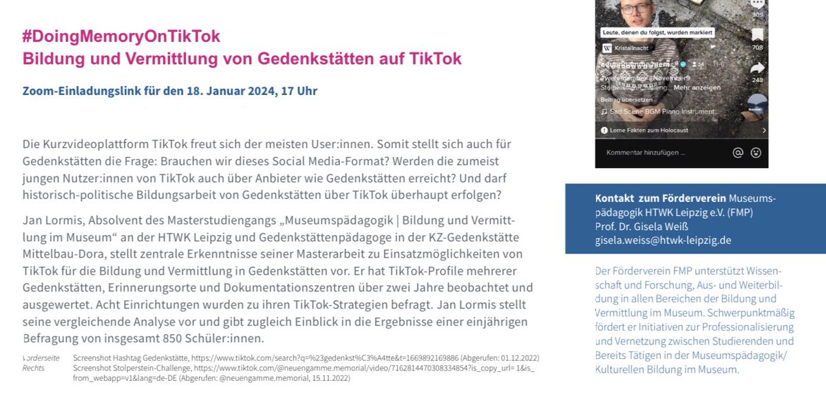 cvila_museum's tweet photo. Am 18.1. gibt uns @JanLormis mit #DoingMemoryonTikTok bei #StudiumVernetzt einen Einblick in die #Bildung und #Vermittlung in #Gedenkstätten auf TikTok!
Zugangsdaten gibt es bei mir! 
#Museum #digSmus #digkv #MemoryStudies @HTWKLeipzig https://t.co/4RIZ90jbok