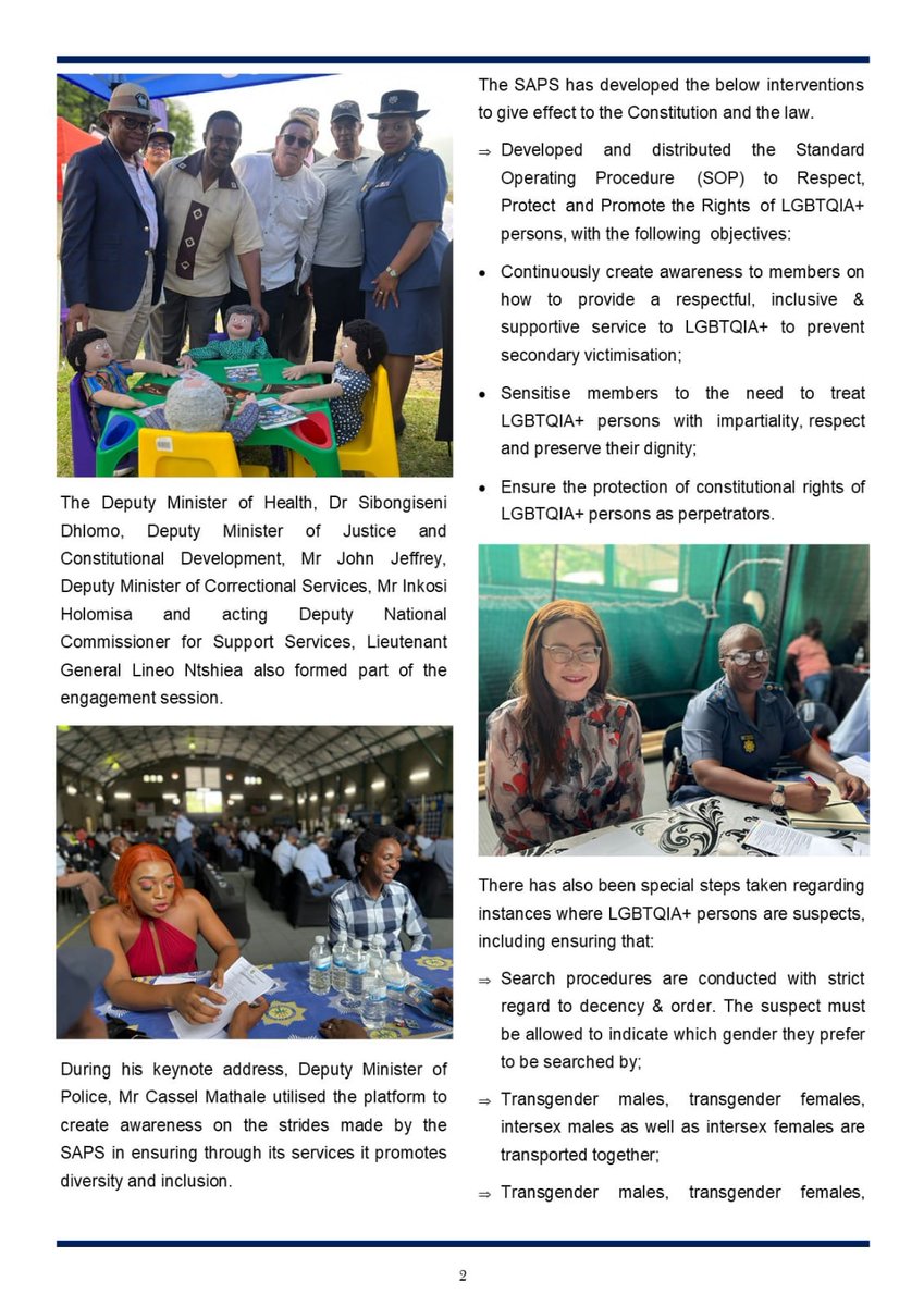 SAPoliceService's tweet photo. #sapsHQ [NEWSBREAK] On Friday, 12 January 2024, the Deputy Minister of Police, Mr Cassel Mathale and the #SAPSNPC, Gen Masemola led a stakeholder engagement session with people living with Albinism as well as the (LGBTQIA) community in Mbombela, Mpumalanga. ME https://t.co/FYmGahQ0Hd