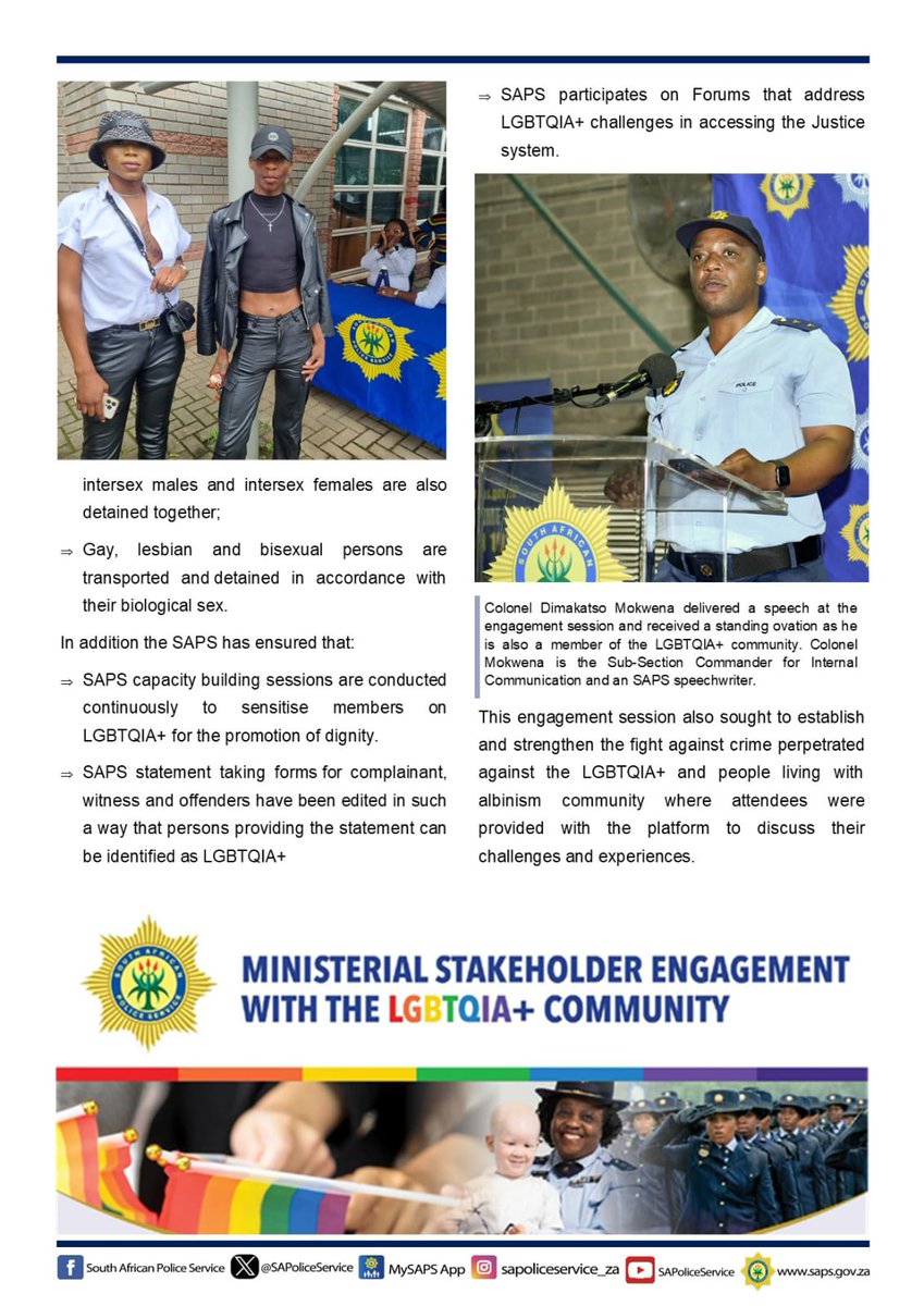 SAPoliceService's tweet photo. #sapsHQ [NEWSBREAK] On Friday, 12 January 2024, the Deputy Minister of Police, Mr Cassel Mathale and the #SAPSNPC, Gen Masemola led a stakeholder engagement session with people living with Albinism as well as the (LGBTQIA) community in Mbombela, Mpumalanga. ME https://t.co/FYmGahQ0Hd