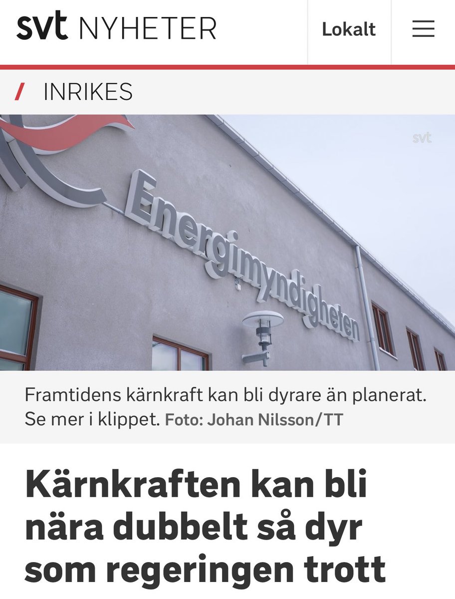 Vattenfall bedömer att ny kärnkraft kan bli nära dubbelt så dyr. Då faller lönsamheten så brant att det är tveksamt om det kommer byggas nya reaktorer alls, enl Energimyndigheten. Om inte skattebetalarna lassar in tusen miljarder kronor i subventioner
 svt.se/nyheter/inrike…