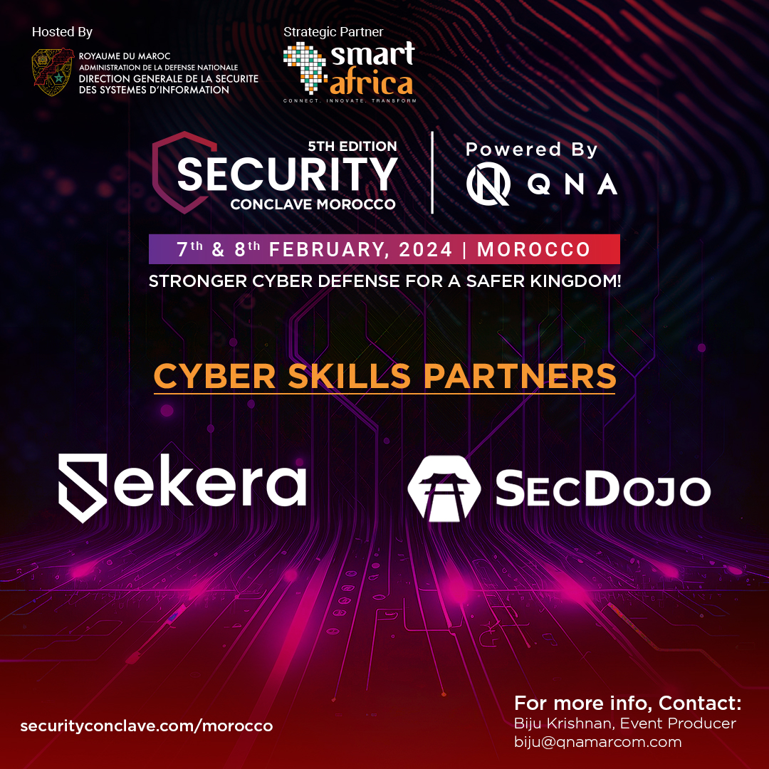 qna_marcom's tweet photo. We are pleased to announce @SEKERA & @sec_dojo as ‘Cyber Skills Partners’ of 5th Security Conclave Morocco, hosted by DGSSI, in strategic partnership with @RealSmartAfrica.
#SecurityConclave #networksecurity #cloudsecurity #CyberThreats #ThreatIntelligence #InnovationInSecurity https://t.co/lqmdyyFwqZ