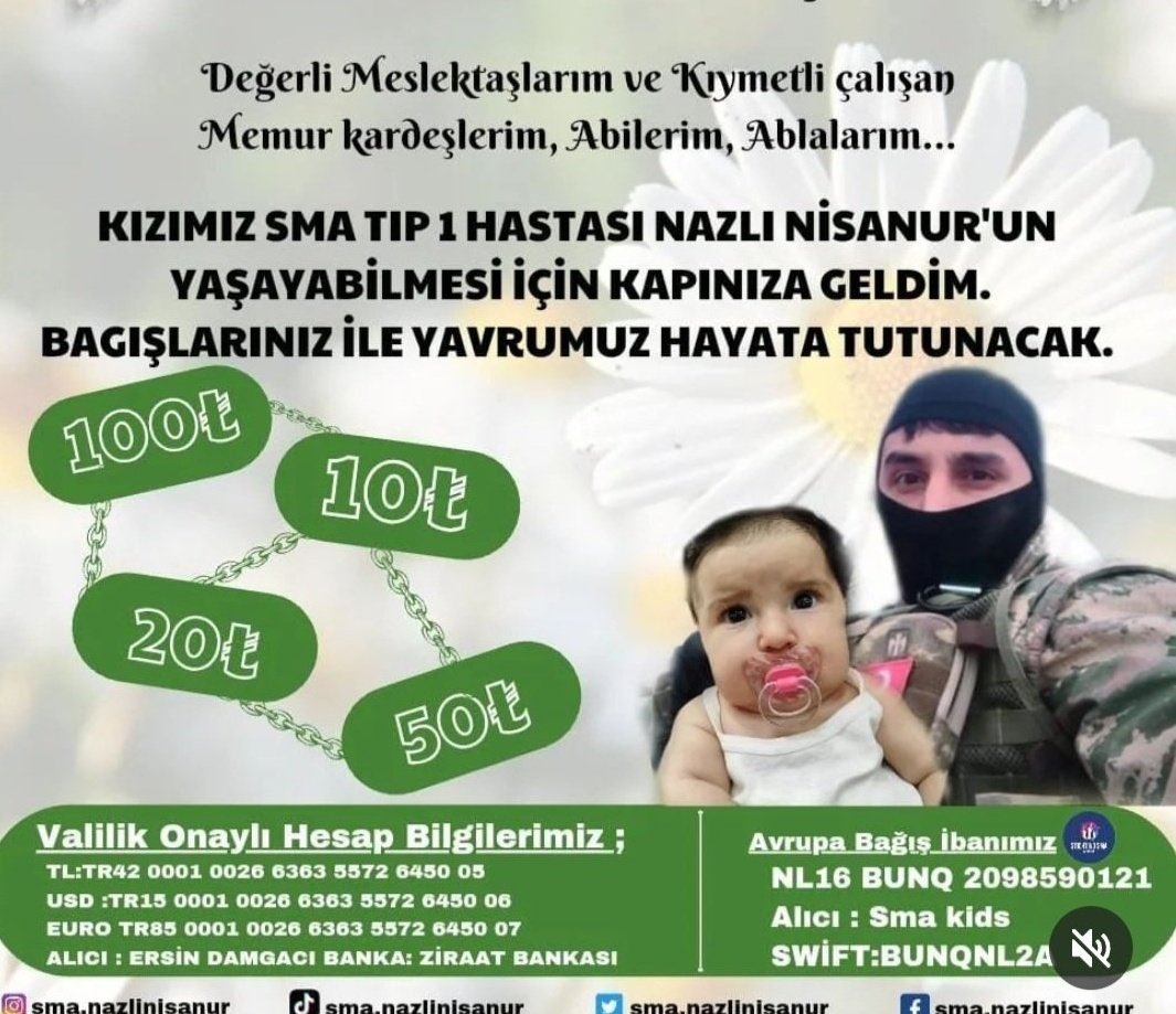 turkhafiza1's tweet photo. Elbette Uzman Çavuş’umuzun kızı Nazlı Nisanur’u unutmadık. Maalesef SMA hastası.

Bildiğiniz gibi bu bebeklerimizin günleri sayılı. 
Yardımlarınızı bekliyoruz. 

Vatan sana, kızın bize emanet! 

₺ Hesap: TR42 0001 0026 6363 5572 6450 05 
Hesap Adı: Ersin DAMGACI

@smanazlinisanur