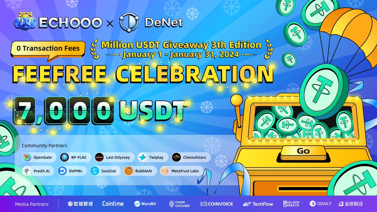 🌟 It's Time for the @echooo_wallet×@denet2022 FeeFree Celebration! 🎉 Dive into our 7,000 USDT Prize Pool and get ready to shine. 💥 Featuring Exciting Partner Tasks!Join forces with our amazing partners @OpenGateNFT @wod_global @LastOdyssey_io @TWIPLAY_Network @chessofstars
