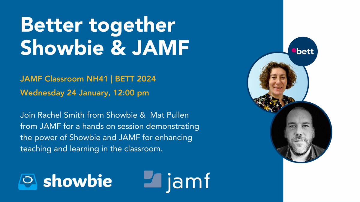 Join @lancslassrach from <a href="/Showbie/">Showbie</a> &amp; @Mat6453 from <a href="/JamfSoftware/">Jamf</a> for a hands-on session demonstrating the power of Showbie and JAMF for enhancing teaching and learning in the classroom.

📆 Wednesday 24 January

⏰ 12pm 

📍JAMF stand NH41