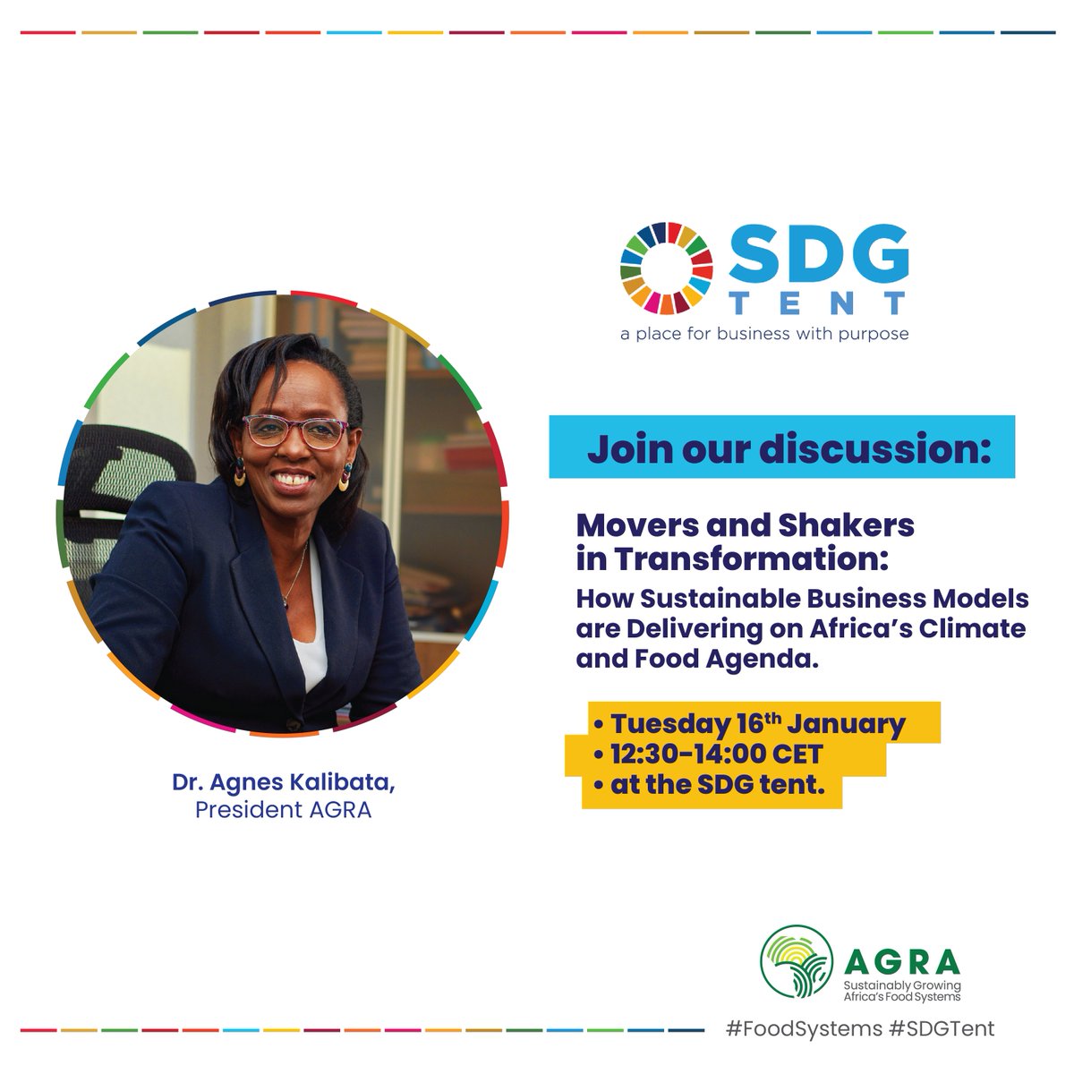 AGRA_Africa's tweet photo. World Economic Forum 2024 | #FoodSystems 

Topic | Movers and Shakers in Transformation: How Sustainable Business Models are Delivering on Africa’s Climate and Food Agenda

Join | Dr Agnes Kalibata & H.E Wamkele Mene, at #SDGTent in Davos

@Agnes_Kalibata @MeneWamkele

Register | https://t.co/N8p7WyLR9i

#WEF24 #BusinessForSDGs