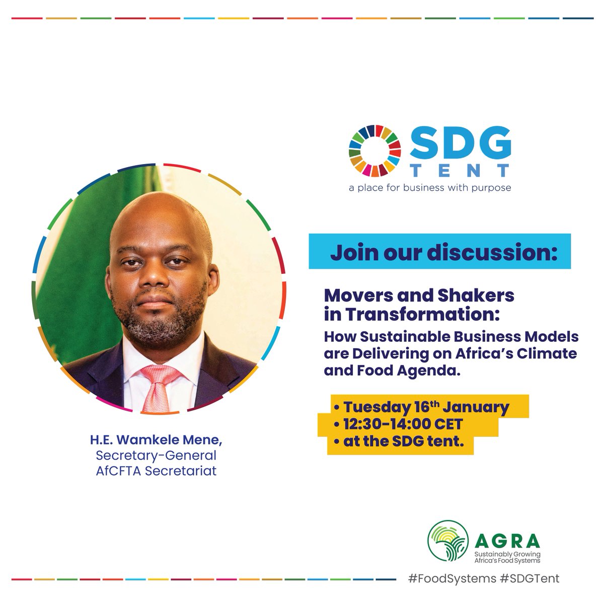 AGRA_Africa's tweet photo. World Economic Forum 2024 | #FoodSystems 

Topic | Movers and Shakers in Transformation: How Sustainable Business Models are Delivering on Africa’s Climate and Food Agenda

Join | Dr Agnes Kalibata & H.E Wamkele Mene, at #SDGTent in Davos

@Agnes_Kalibata @MeneWamkele

Register | https://t.co/N8p7WyLR9i

#WEF24 #BusinessForSDGs