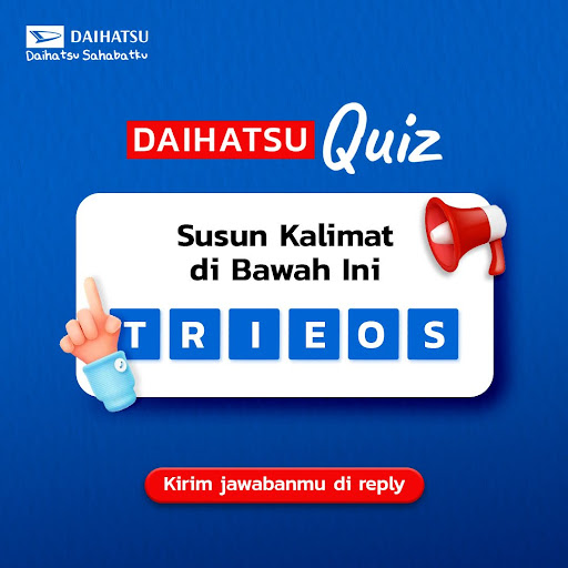 DaihatsuInd's tweet photo. Jawab pertanyaannya dan Daimin kirimin saldo Astrapay 200ribu untuk 4 orang beruntung!

Ikutin syaratnya di bawah ini ya:

- Follow @DaihatsuInd
- RT &amp; LIKE tweet ini
- Reply jawaban sebanyak-banyaknya dengan hashtag #DaihatsuQuiz

Akun jangan digembok ya 🔓

#DaihatsuSahabatku https://t.co/vxJozpvVAR