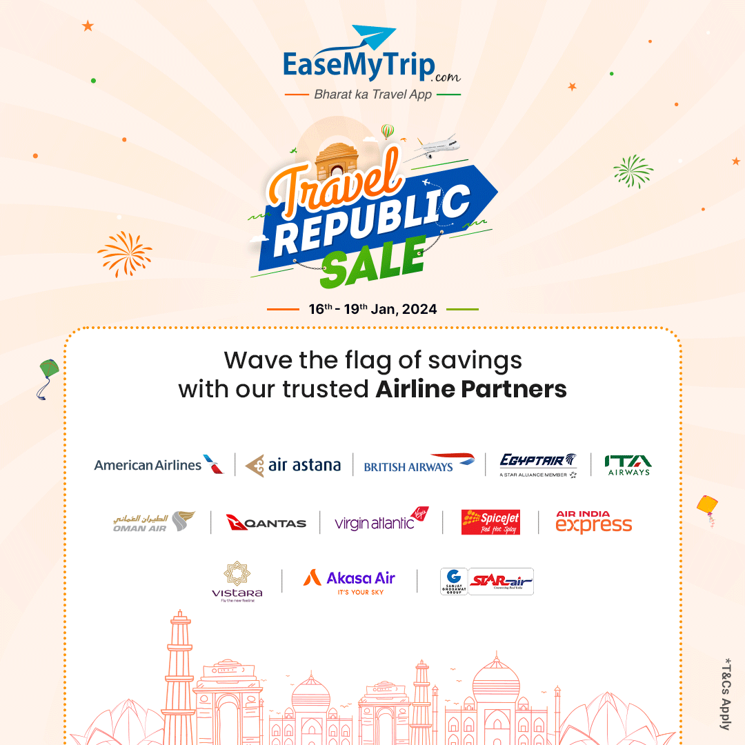 EaseMyTrip's tweet photo. Our trusted partners are all set to make your Republic day memorable!
Are your ready to travel?
Use code - EMTREPUBLIC
#republicday #travelsale #bankpartners #airlinepartners #hotelpartners #indiantourism #explorebharat #travellersofindia #easemytrip https://t.co/nq3hWE7bgn