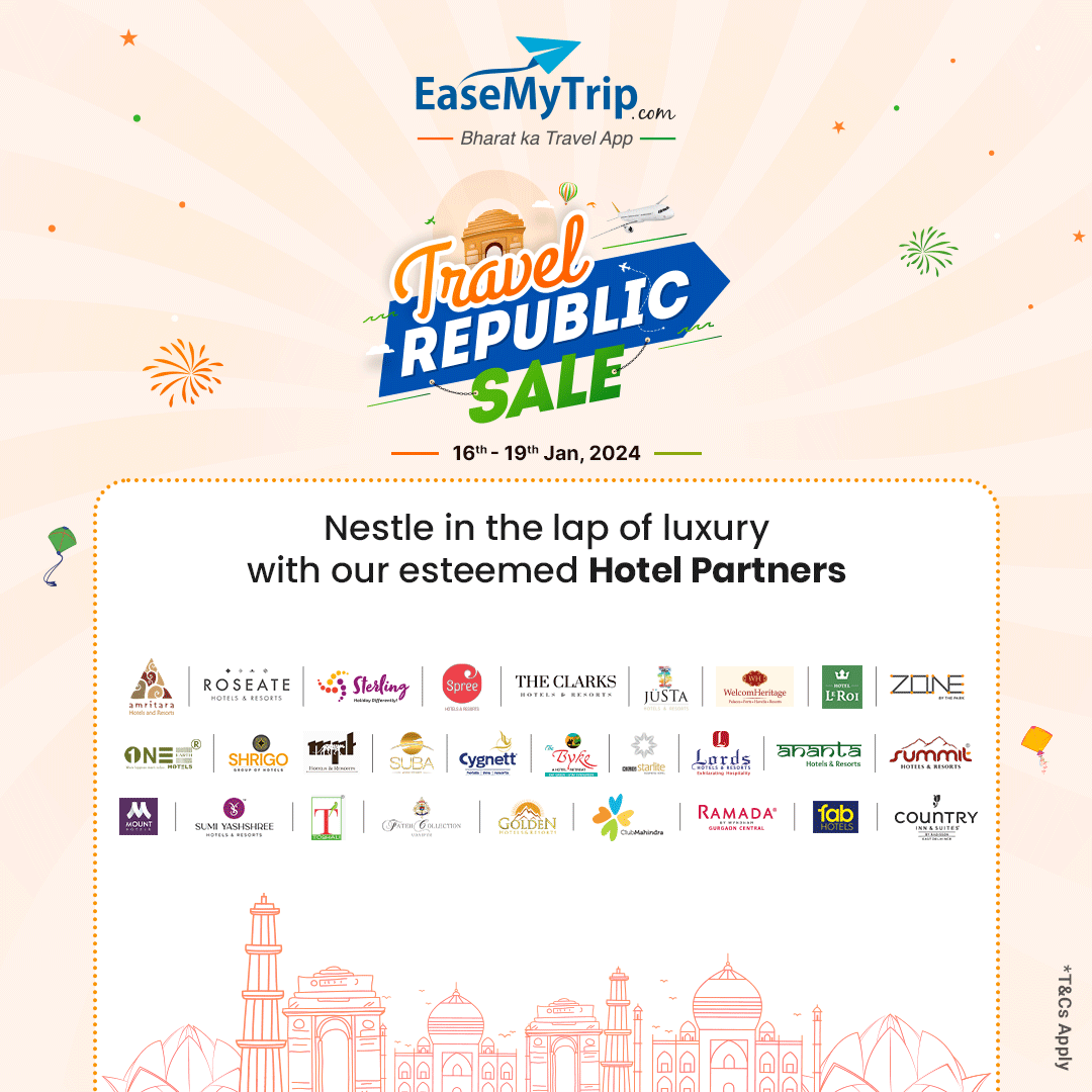 EaseMyTrip's tweet photo. Our trusted partners are all set to make your Republic day memorable!
Are your ready to travel?
Use code - EMTREPUBLIC
#republicday #travelsale #bankpartners #airlinepartners #hotelpartners #indiantourism #explorebharat #travellersofindia #easemytrip https://t.co/nq3hWE7bgn