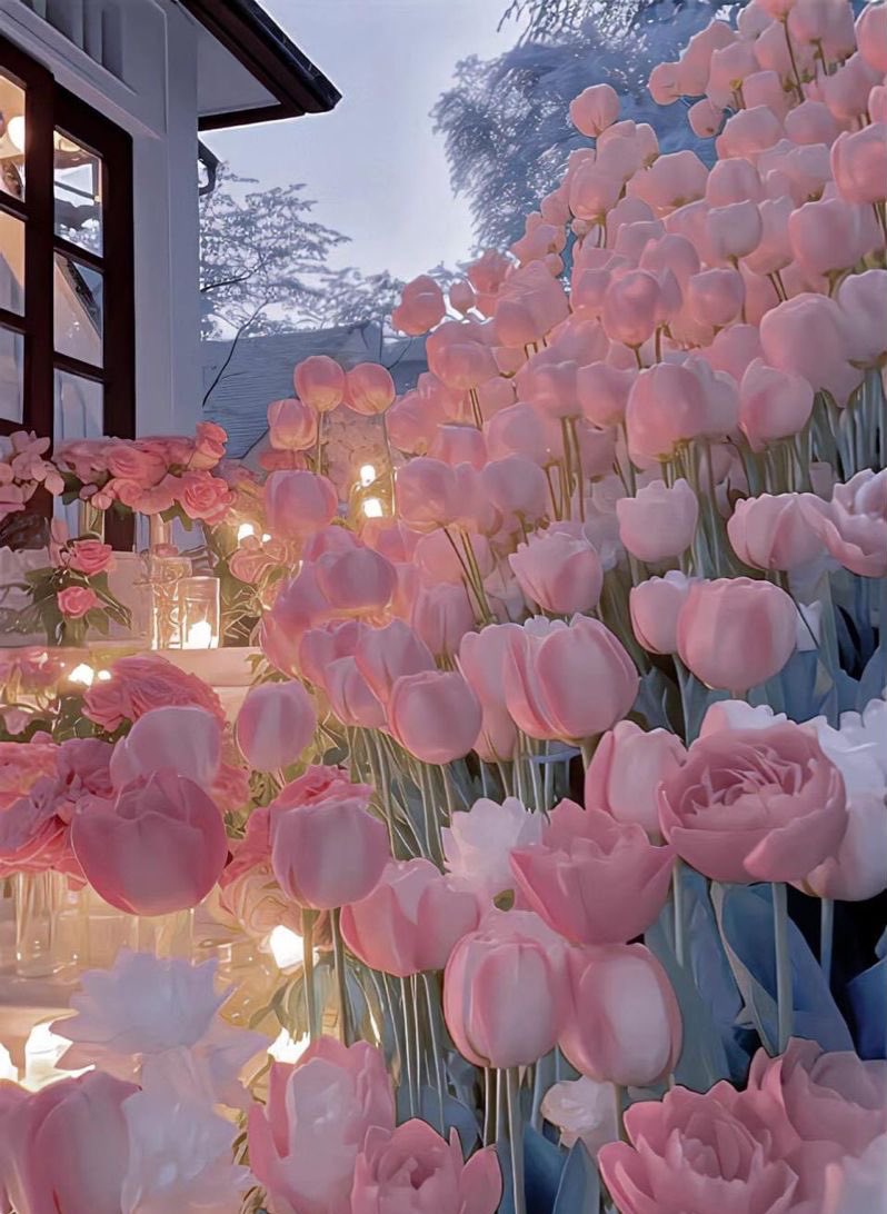 pink tulips garden