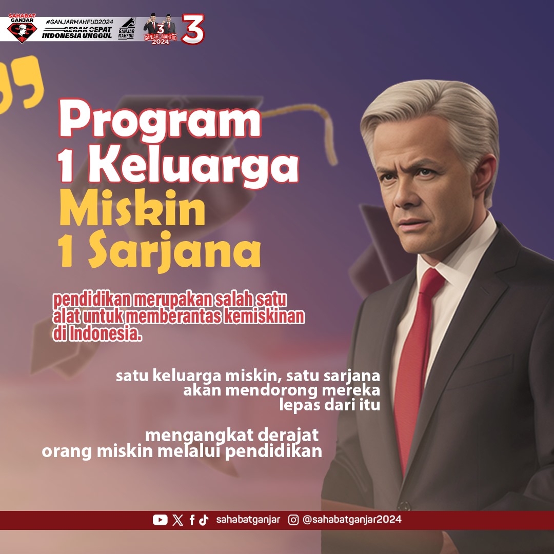Ganjar-Mahfud memiliki program untuk masyarakat yaitu Program 1 Keluarga Miskin setidaknya memiliki satu anggota keluarga yang bergelar sarjana.

#SahabatGanjar #GanjarPranowo  #GenerasiGotongRoyong #GanjarPresiden #GanjarUntukSemua #GanjarMahfud2024 #SatSet #PastiLebihBaik