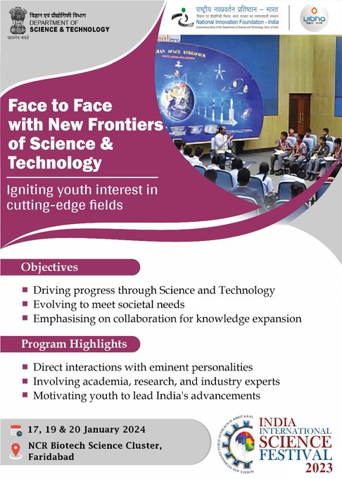IndiaDST's tweet image. Join in &apos;Face to Face with New Frontiers of Science &amp;amp; Technology&apos; program at #IISF2023 for interactions between students / researchers &amp;amp; eminent personalities in various S&amp;amp;T fields.

@DrJitendraSingh @karandi65 @Dhana_Arumugam1 @nifindia @iisfest @CSIR_NIScPR @Vibha_India