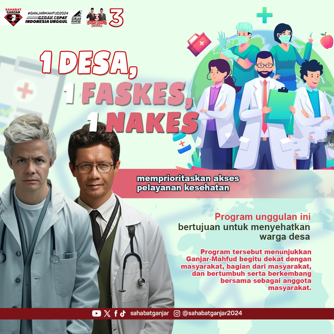Dalam upaya memberikan pelayanan kesehatan, Ganjar-Mahfud memiliki program 1 Desa memiliki satu Failsilitas Kesehatan seperti Puskesmas atau Posyandu yang diisi dengan minimal satu tenaga kesehatan seperti dokter, perawat, dan bidan.

#SahabatGanjar
