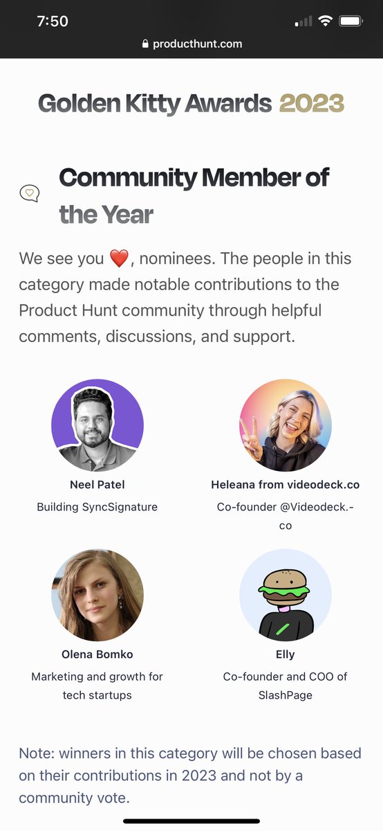 Listed in Golden Kitty - Community Member of the Year nomination🏅

⁩Congratulations ⁦@olenabomko⁩ ⁦@HVideodeck⁩ ⁦@elly_slashpage⁩

Thank you ⁦@ProductHunt⁩ for acknowledging💜

What a morning! Feels so good, I tell ya.

#GoldenKittyAwards #ProductHunt